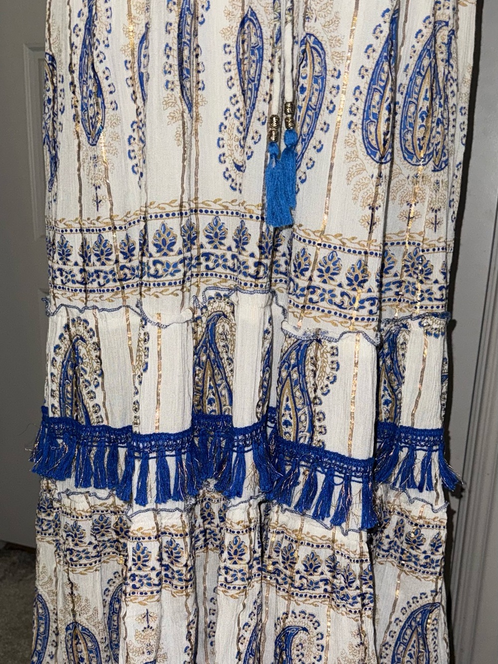 Off-Shoulder White Maxi Dress with Blue Paisley Print - Picture 9 of 11